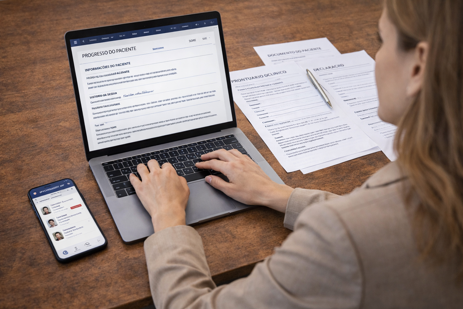Registro, histórico e documentos no mesmo fluxo — prévia da plataforma Psiplace